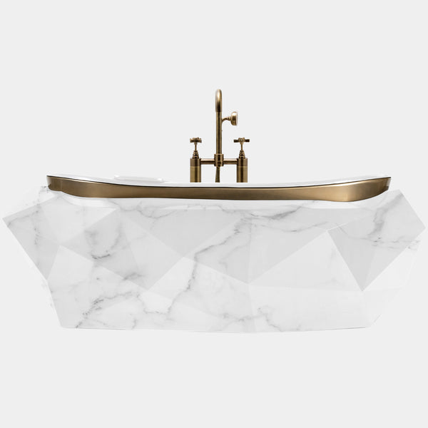 High-end freestanding bathtub with a glossy faux-marble finish and diamond sculptural shape.