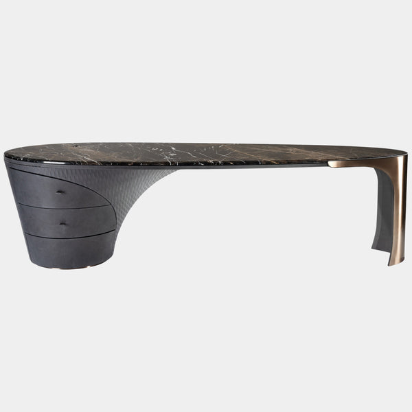 Visionnaire Jet Plane Writing Desk: Luxurious modern home office desk featuring a unique aerodynamic design, textured leather drawers, and a choice of a beautiful Caffè Amaro marble or lacquered wood top.