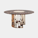 Jetclass Groove Dining Table in Emperador Dark marble with a champagne steel base