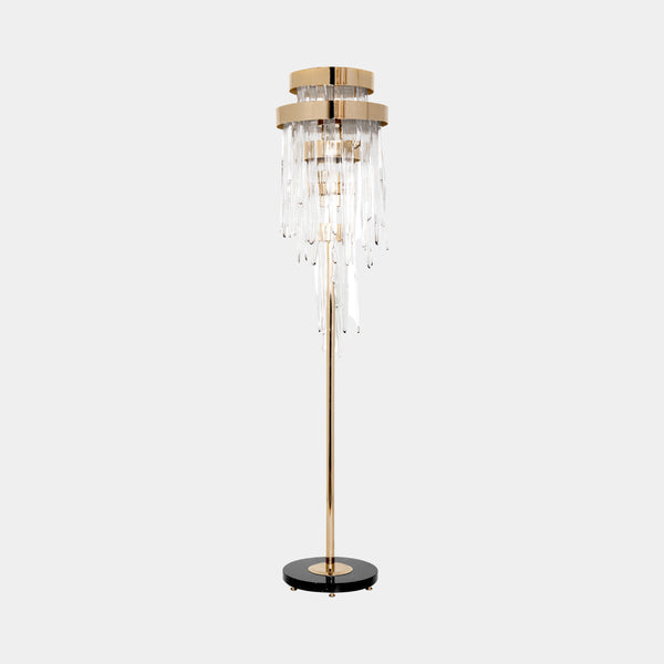 Cadence Luxury Floor Lamp: Cascading crystals illuminate a modern living room.