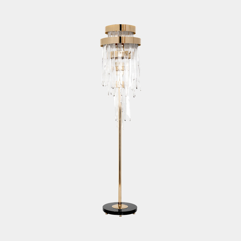 Cadence Luxury Floor Lamp: Cascading crystals illuminate a modern living room.