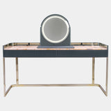 Visionnaire Kobol Makeup Vanity: Modern luxury makeup vanity featuring a stunning Crystal Juliet marble top, round LED mirror with adjustable lighting, concealed storage compartments, and sleek chrome metal base.
