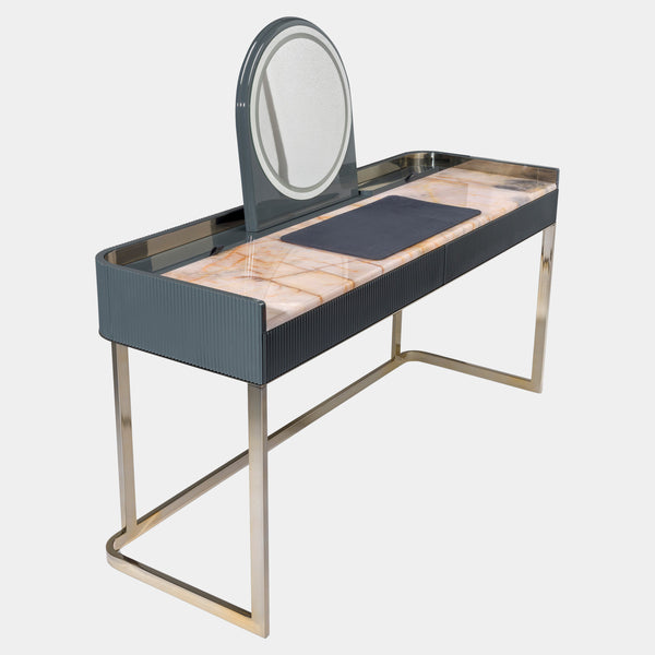 Luxury Marble Top Makeup Table: Visionnaire's Kobol Makeup Unit elevates your vanity space with a Crystal Juliet marble top, offering both beauty and functionality. This piece features an LED mirror, concealed storage, and a customisable metal base.