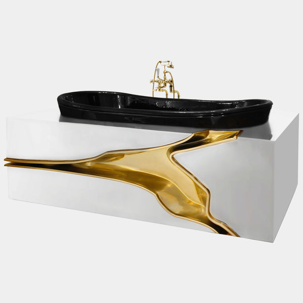 High-end Lapiaz Bathtub featuring black lacquered fiberglass and gold accents in a modern bathroom.