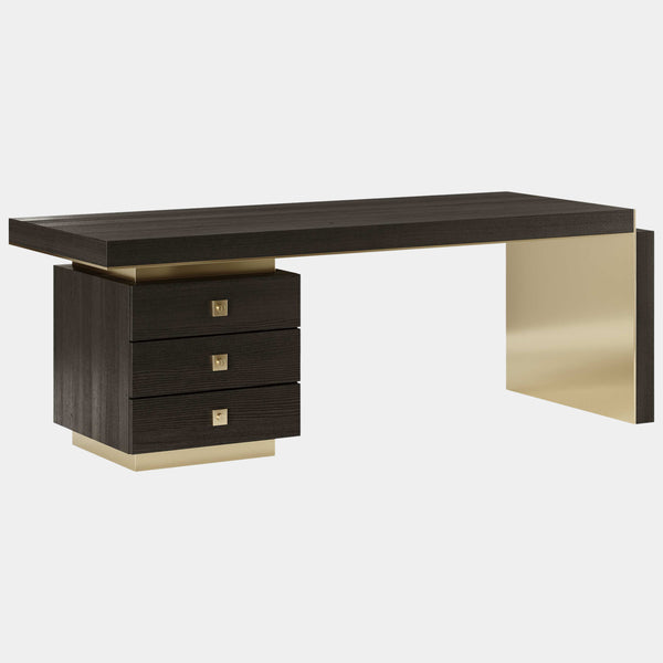 Modern Bracon Desk in a high-end home office, featuring sleek lines and luxury materials like oak and brass.