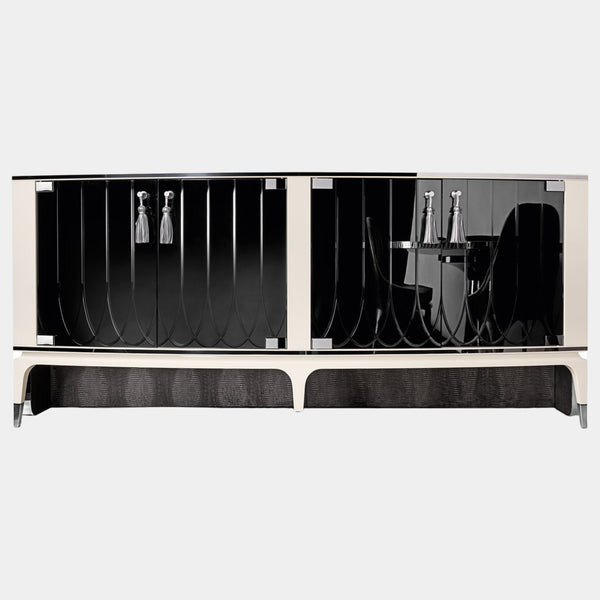 Visionnaire Palawan Cabinet: Modern luxury cabinet featuring curved engraved mirror doors (natural, bronze, or smoked finishes) and a black glass top.