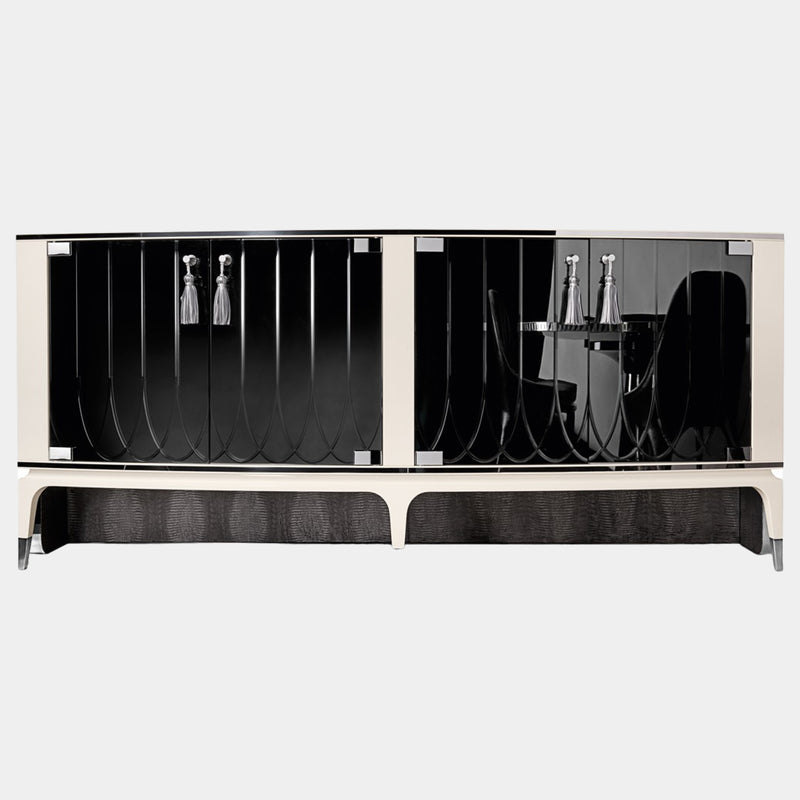 Visionnaire Palawan Cabinet: Modern luxury cabinet featuring curved engraved mirror doors (natural, bronze, or smoked finishes) and a black glass top.