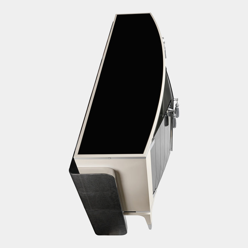 Modern Designer Cabinet: Visionnaire's Palawan Cabinet. A sculptural masterpiece with optional leather tassels and a choice of engraved mirror finishes.