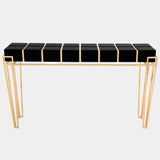 Polished Brass, Black Glass, Black Lacquer & Walnut Root Veneer Console Table