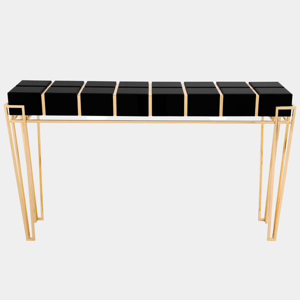 Polished Brass, Black Glass, Black Lacquer & Walnut Root Veneer Console Table
