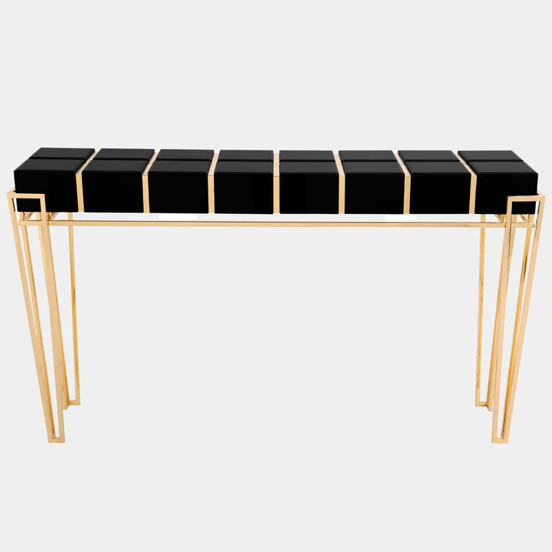 Polished Brass, Black Glass, Black Lacquer & Walnut Root Veneer Console Table