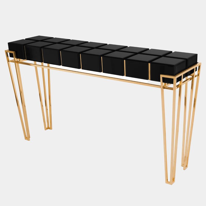 Polished Brass, Black Glass, Black Lacquer & Walnut Root Veneer Console Table