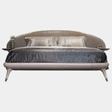 Visionnaire Princess Bed Frame: Modern luxury bed frame featuring a curved headboard, customisable leather or fabric upholstery, and metal-capped legs.