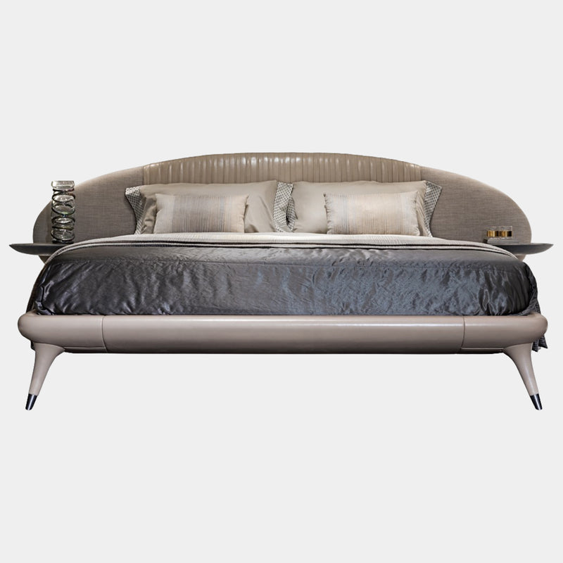 Visionnaire Princess Bed Frame: Modern luxury bed frame featuring a curved headboard, customisable leather or fabric upholstery, and metal-capped legs.