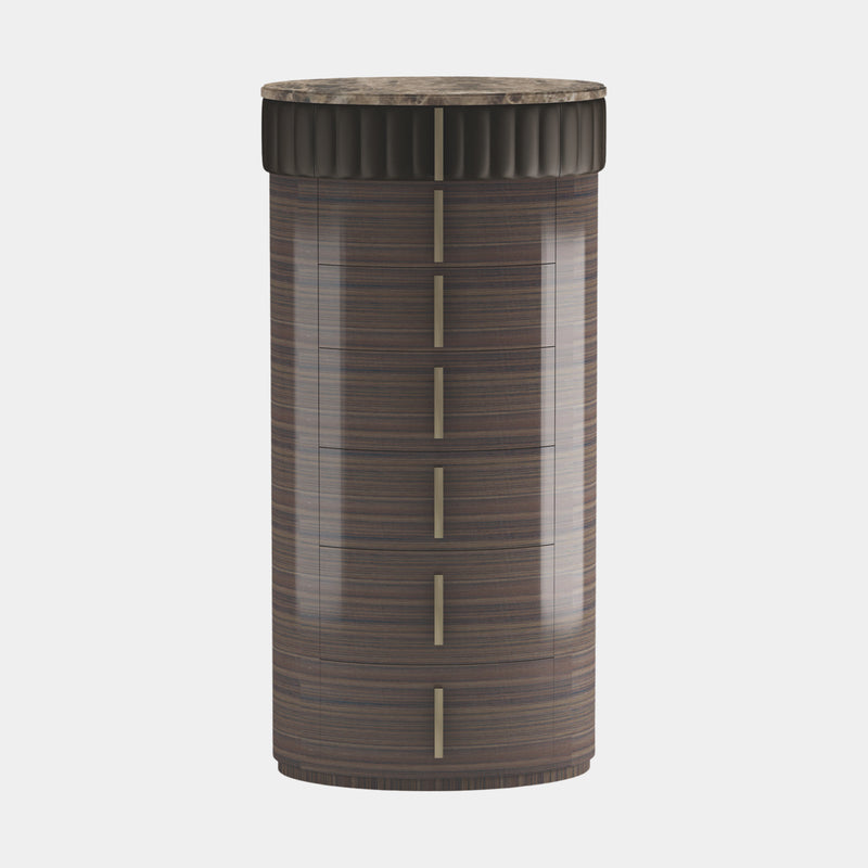 Touched D Curved Gloss Canaletto, Marble, Brass & Leather 7 Drawer Tallboy