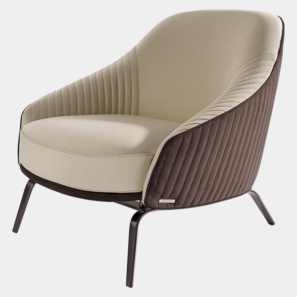 Unwind in Style: The Whitney Armchair by Fabio Bonfà. Featuring an ergonomic curved design, plush canneté quilted fabric upholstery, and a contrasting leather backrest, this Visionnaire armchair offers unparalleled comfort and artistic expression. The customisable metal base allows you to tailor the design to your existing decor.